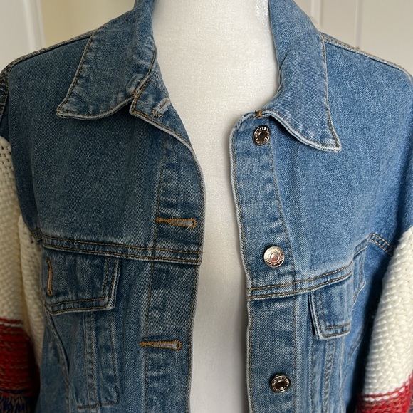 SHEIN Blue Denim Jacket with Multicolor Knit Sleeves - Picture 2 of 7
